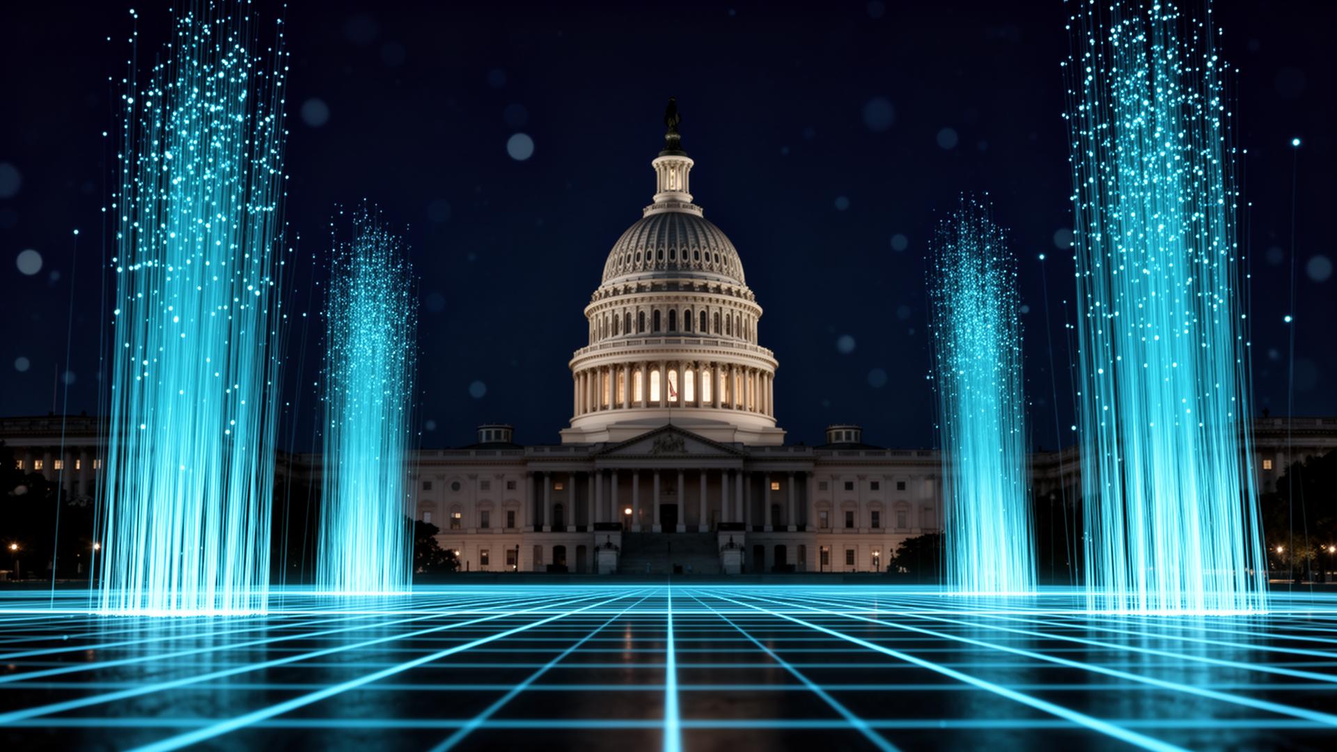 The U.S. Capitol illuminated at night with streams of light